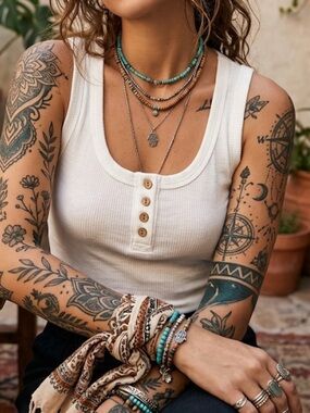 Kiss Cream Ribbed Henley Tank Top with Wood Buttons